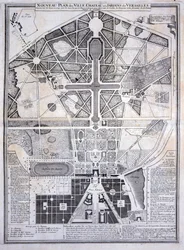 Novo plano da cidade, castelo e jardins em Versalhes, 1714, dos planos, perfis e elevações das cidades e Chateau de Versailles, publicado c.1715