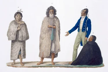 Nativos da Nova Zelândia em trajes indígenas e ocidentais, 1826