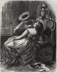 Belo pescoço! Que um carrasco ficaria feliz em cortá-lo! Rei Henrique VIII de Inglaterra (1491-1547) com sua esposa, Catherine Parr (1512-1548). Gravura de 1871 em "Histoire Des Cocus Celebres" de Henrique de Kock (1819-1892).