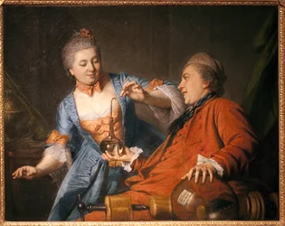 Nicolas Bergeat (1733-1815) e Madame de Maisoncel fazendo uma experiência em Física. Pintura de um remois anônimo, óleo sobre tela
