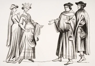 Noble Lady e Maid of Honor e Two Burgesses, depois de uma miniatura em &39;Maravilhas do Mundo&39;, de &39;A Idade Média e o Renascimento&39; de Paul Lacroix (1806-84) publicaram 1847