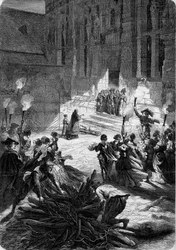 Noel, na França, sob Luís XIII: o senhor está diante da porta do seu castelo enquanto um sacerdote consagra o buche que deve trazer benevolência à habitação. No pátio, os camponeses montam um açougueiro. No século XVII. Gravura no "Le Monde Ill".