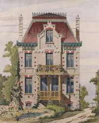 Norman villa em Villers sur mer, Normandia, ilustração do The des Moniteur arquitetos, 1883 (gravura a cores)