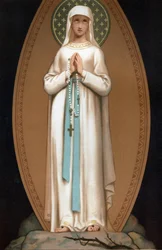 Notre Dame de Lourdes: representação da Virgem Maria como teria aparecido a Bernadette Soubirous na gruta de Lourdes, em 1858. Cromolitografia. Frontispício de "Notre Dame de Lourdes" de Henri Lasserre