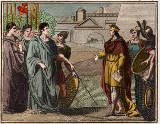 Numa Pompilius, lendário segundo rei de Roma, devolve o escudo sagrado aos padres de Marte.