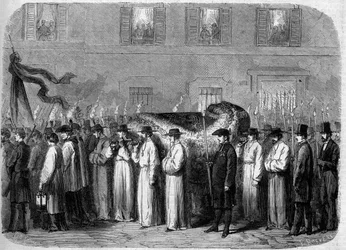 Obseques de Jean Baptiste (Giovanni Battista) Niccolini (1782-1861), 21 de Setembro de 1861: comboio fúnebre carregando os restos mortais do poeta italiano nas ruas de Florença (Firenze), Itália. Gravura no "Le Monde Illustré" n°234 de 5 de outubro de 1861