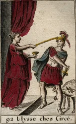 Odisseu de Homero: os heróis Ulisses em Circe, o mágico. Atrás dele, os seus companheiros, ela transformou-se em porcos. A Odisseia de Homero: Odisseu em Circe, a feiticeira. Atrás dele, suas companheiras ela se transformou em porcos) De "Mythologie de la 