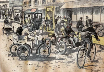Em 5 de outubro de 1899, o subsecretário de Estado dos Correios Leon Mougeot (1857-1928) presidiu os primeiros testes de bicicletas e automóveis diversos, para o levantamento do correio, na estação central dos correios do XII arrondissement de Paris. Gravu