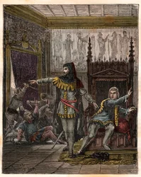 Guerra dos Cem Anos: o delfim Carlos (depois Carlos V) (1338-1380), o primeiro delfim de França, e Étienne Marcel (1302/1310-1358), que assassinou dois ministros, os marechais Robert de Clermont e Jean de Conflans, no aposento do delfim de França