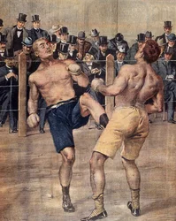 Uma das primeiras reuniões privadas, o boxe francês, lutou em Paris em 1899, a gravação a cores. França