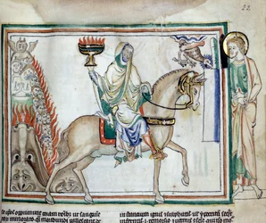 Abertura do quarto selo: Morte a montar o cavalo verde. Miniatura tirada de "O Apocalipse de Cambrai", iluminada pela Escola Francesa do século XIII. Sra. 422. Biblioteca Municipal, Cambrai