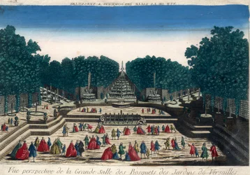 Vista Óptica: Vista em perspectiva do grande salão dos bosques dos jardins de Versailles. Gravura do século XVIII.
