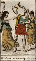 Orestes perseguido pelas Erínias (ou Fúrias) por vingar a morte do seu pai Agamémnon matando a sua mãe Clitemnestra. De «Mitologia da Juventude», de Pierre Blanchard, 1803.