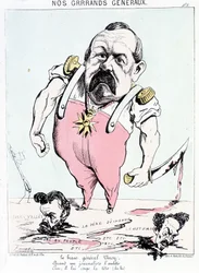 Nossos grandes generais: o valente General Vinoy quando um jornalista o incomoda, racha, corta-lhe a cabeça. Desenho animado sobre o Vinoy e a Comuna.