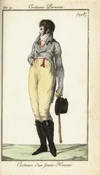 Fato de um jovem ou Incroyable, Maio de 1801 (gravação em chapa de cobre colorida à mão)