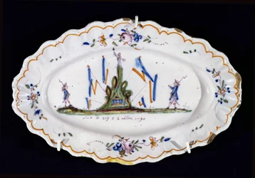Placa oval com a inscrição Vive le Roi e la Nation 1790, oficina de Nevers, (cerâmica)