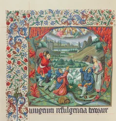 Página de uma edição fac-símile do Missel de Jouvenel des Ursins com uma inicial de Historiated e uma vista de Paris e do Sena no século XV