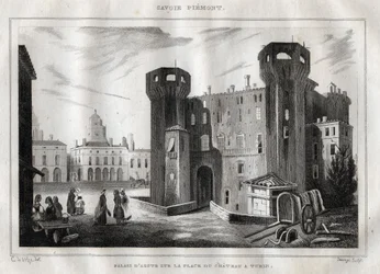 Palácio de Aosta na Place du Chateau em Turim - Gravura de "Itália Pitoresca" - Pintura Histórica e Descritiva da Itália" de M. de Norvins, Ch. Nodier 1834-1836.