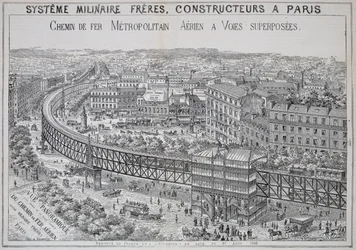 Vista panorâmica do metrô Overground em Paris, ilustração do Le Metropolitain, maio de 1885