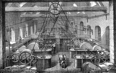 Indústria do papel: oficina para refinar e branquear pasta de papel. Gravura 1867