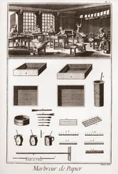 Papel marmoreado - "The Great Encyclopedie, ou Dictionnaire Raisonne des Sciences, des Arts et des Metiers" (Enciclopédia ou Dicionário das Ciências, Artes e Profissões) por Denis Diderot (1713-1784) e Jean d