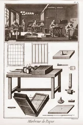 Papel marmoreado - "The Great Encyclopedie, ou Dictionnaire Raisonne des Sciences, des Arts et des Metiers" (Enciclopédia ou Dicionário das Ciências, Artes e Profissões) por Denis Diderot (1713-1784) e Jean d
