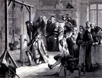 Papin (1647 - 1714) experimenta com sua máquina de pó diante dos professores da Universidade de Marburg - no "Álbum de Ciências; cientistas ilustres; Grandes descobertas" 1896.