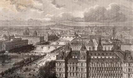 Paris - o Sena - as pontes - vista da torre Saint-Gervais - gravura em "La France illustree: geography, history, statistical administration" de V.-A. Malt-Brown. 1884