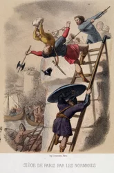 O cerco de Paris pelos normandos (885) - litografia, final do século XIX