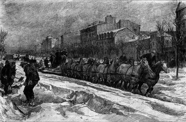 Paris sob a neve, inverno 1879-1880: o arado de gelo (caça à neve) do Boulevard Montparnasse. Gravura no "Le Monde Illustré" n°1188 de 3 de janeiro