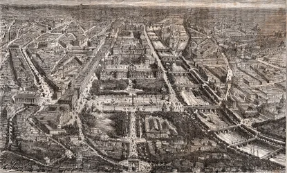 Paris vista do Arco do Triunfo da Etoile - Rue de Rivoli e do Sena - gravada em "La France illustree: geography, history, statistical administration" de V.A. Malt-Brown. 1884