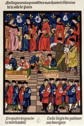 O tráfego comercial parisiense: os prevotos dos comerciantes e echevins, o transplante, o receptor, o procurador, o balconista, os sargentos da mercadoria... - o fac-símile de uma miniatura da Idade Média