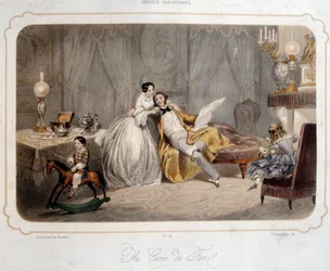 Serões parisienses: "junto à lareira" Um casal burguês e crianças num cavalo de madeira num interior. Litografia de Paris do século XIX. Artes decorativas