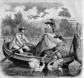Modos parisienses, verão de 1857: passeio de barco em um lago. Gravura no "Le Monde Illustré" n°24 de 26 de Setembro de 1857.
