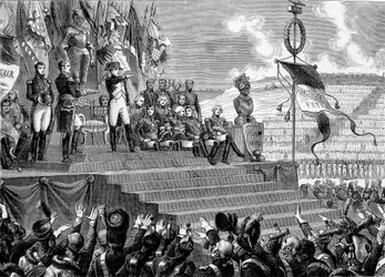 Festa no Camps de Boulogne: Napoleão I cônsul. Gravura - no "Histoire de France" de Henri Martin. Século XIX.