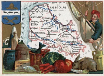 Pas-de-Calais (62), Nord-Pas-de-Calais, França. Especialidades locais: sabão preto, peixe sujo, sidra e tabaco. Série sobre os departamentos franceses. Cromolitografia (cromo) «o fio geográfico», cerca de 1920. Coleção particular.