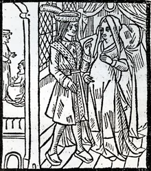 Pathelin e Guillemette, da farsa do mestre Pierre Pathelin, c.1465