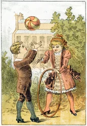 Paul joga bola e Louise joga hoop - em "Alphabet des petits savants", no final do século XIX (cromolitografia)