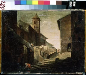 ""Paisagem em uma vila francesa"" A ponte e o rio em um bairro popular. Pintura da escola francesa. Museu de Arte Mikhail Kroshitsky do início do século XVIII, Sevastopol (Sevastopol) Ucrânia