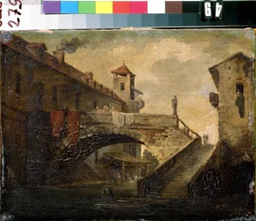 ""Paisagem em uma vila francesa"" A ponte e o rio em um bairro popular. Pintura da escola francesa. Museu de Arte Mikhail Kroshitsky do início do século XVIII, Sevastopol (Sevastopol) Ucrânia