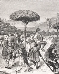 Danças camponesas das festas de maio, depois de uma miniatura em um livro de orações do século 15, de "Le Moyen Age et La Renaissance", de Paul Lacroix (1806-84), publicado em 1847
