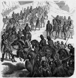 Pepin the Brief cruzando os Alpes à cabeça dos Francos para resgatar o papa contra os Lombardos.