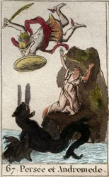 Representação Persee vindo ao resgate de Andromede encadeado a uma rocha (Perseus salva Andromeda encadeado a uma rocha) de "Mythologie de la jeunesse" de Pierre Blanchard 1803.