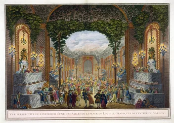 Perspectiva Vista do Interior de um dos quartos da Place de Louis le Grand, Vista da entrada do Salon (cor gravura)