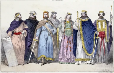 Pharamond, Clodion, Merovee, Childeric, Clotilde, Clovis 1st e Childebert 1st - em "La monarchie francaise en estampes".