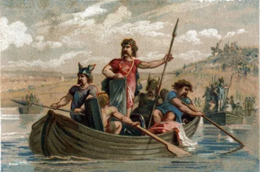 Pharamond atravessou o Reno com guerreiros Francos, e tornou-se o primeiro Duque dos Francos Salianos de 420 a 428. Cromolitografia por volta de 1890.