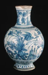 Garrafa de farmácia com um padrão azul e branco, Savonne Workshop (faiança)