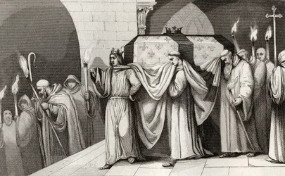 Philippe III (1245-85) o Negrito ajuda a carregar o caixão de seu pai, de &39;Histoire de France&39; por Colart, publicado em 1840