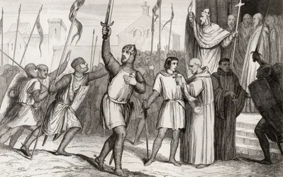 Filipe I (1052-1108) e o papa Urbano II (c. 1035-99) reuniram seguidores para a Primeira Cruzada em 1095, de &39;Histoire de France&39; de Colart, publicado em 1840