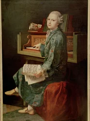 Fotografia de um jovem ao piano, que se diz ser Mozart ...